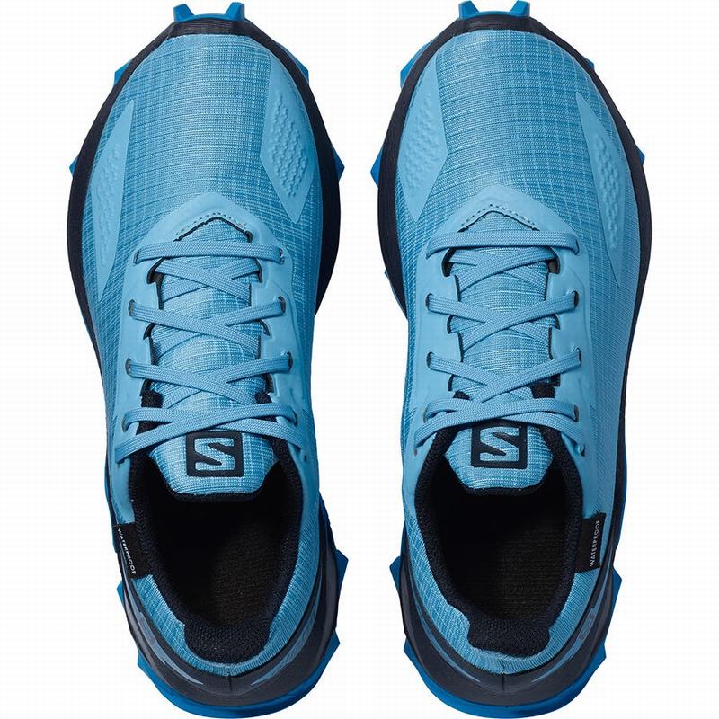 Kids' Salomon ALPHACROSS BLAST CLIMASALOMON WATERPROOF Trail Running Shoes Blue / Navy | XDSTLI-978
