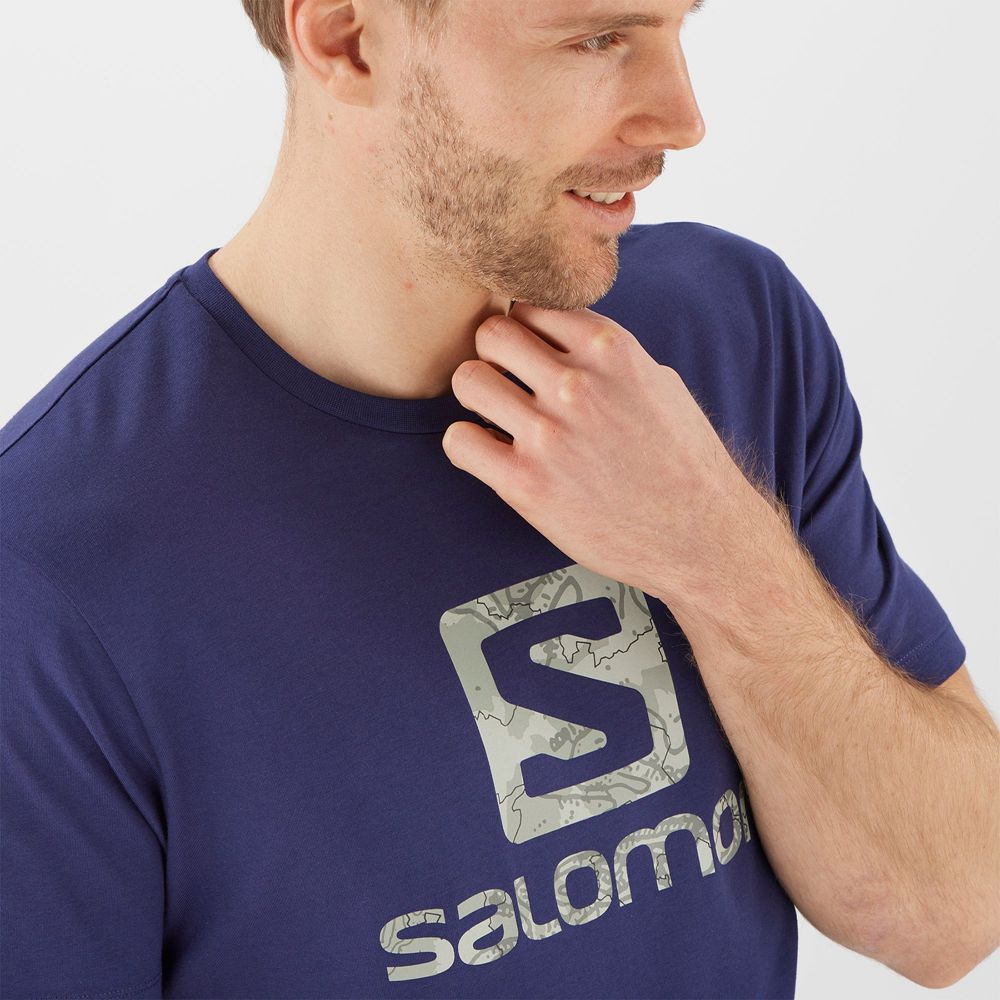 Men's Salomon OUTLIFE LOGO Short Sleeve T Shirts Navy | AHBFRS-391