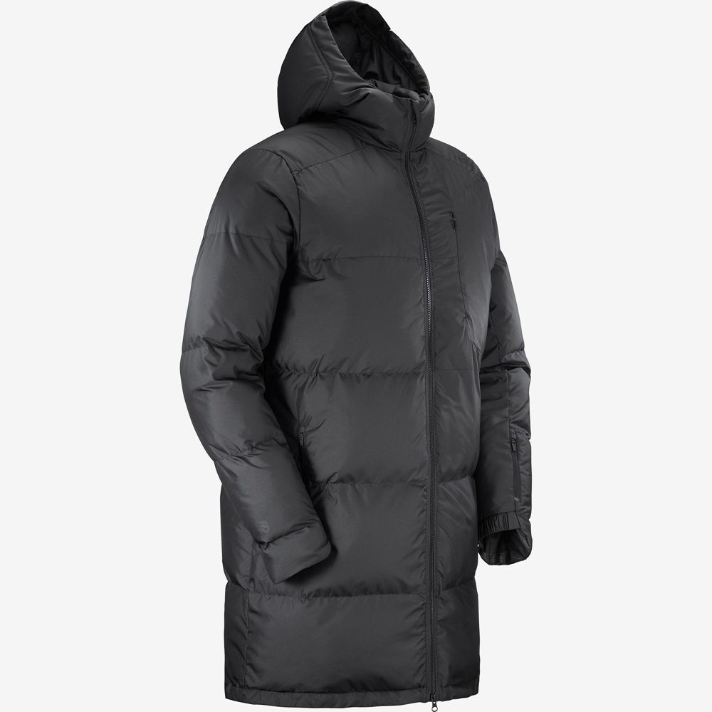 Men's Salomon OUTLIFE PACKABLE LONG PUFFER JKT U Insulated Jackets Black | LMNPSA-415