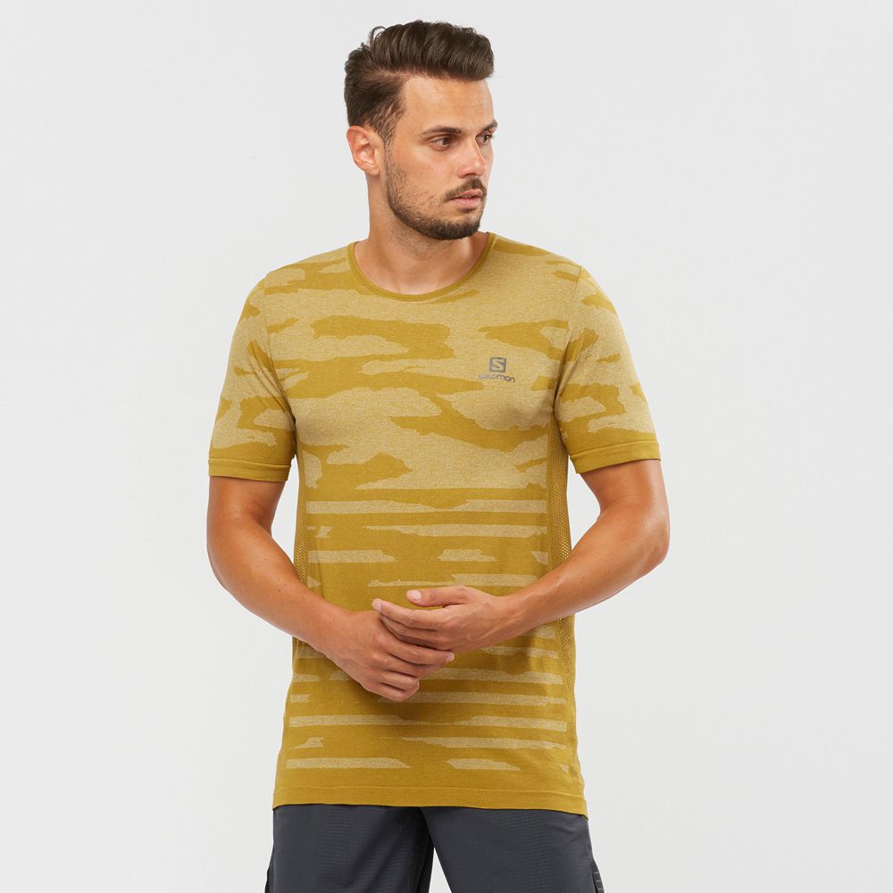 Men\'s Salomon XA CAMO TEE Short Sleeve T Shirts Gold | UZAMOP-103