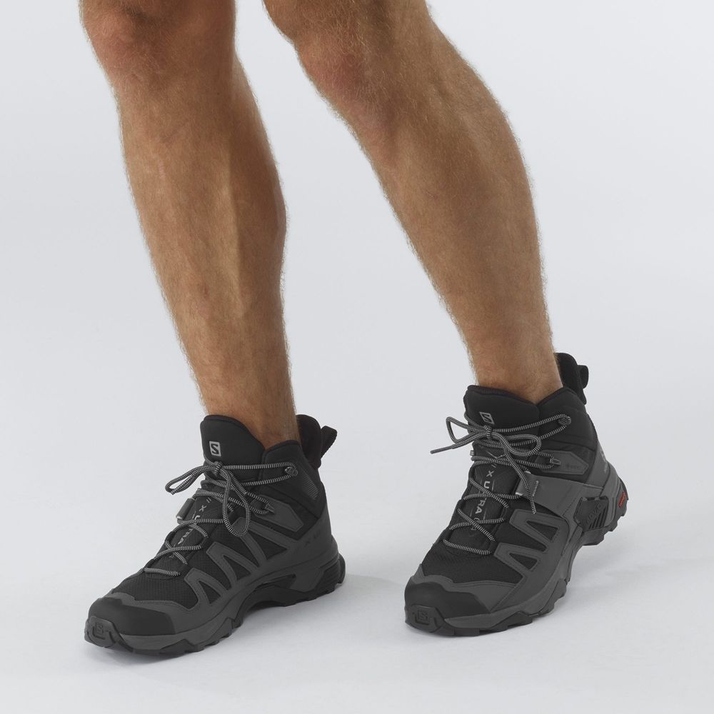 Men's Salomon X ULTRA 4 MID WIDE GORE-TEX Hiking Boots Black | FKBHMP-349