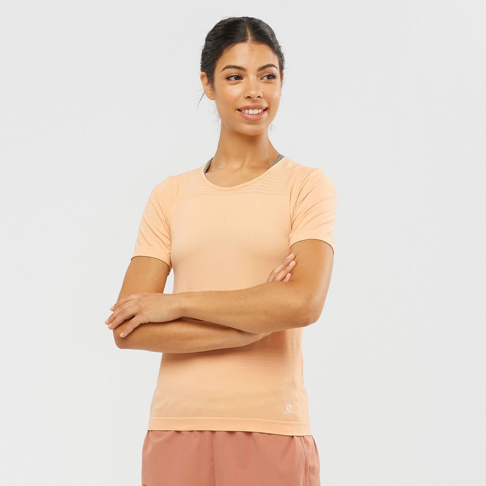 Women\'s Salomon ESSENTIAL MOVE ON SEAMLESS T Shirts Beige | AXQEYI-478