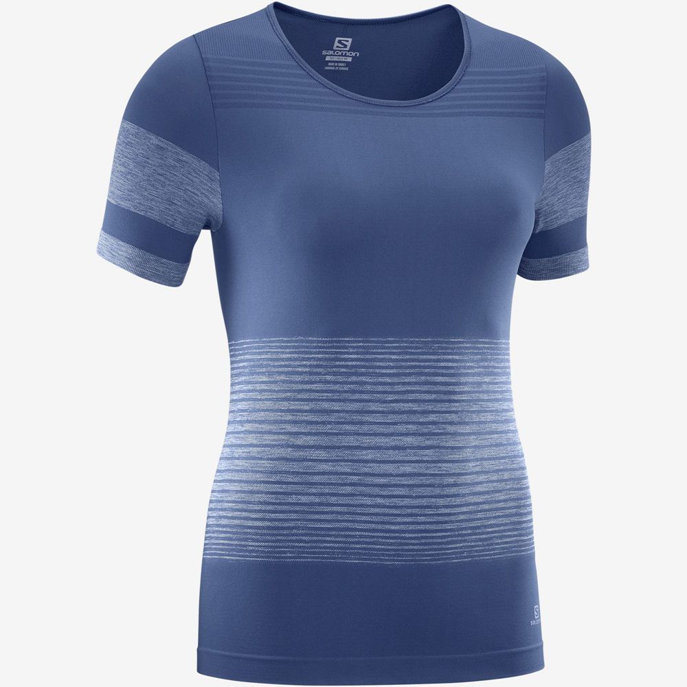 Women's Salomon ESSENTIAL MOVE ON SEAMLESS T Shirts Dark Denim | YWKHQB-413