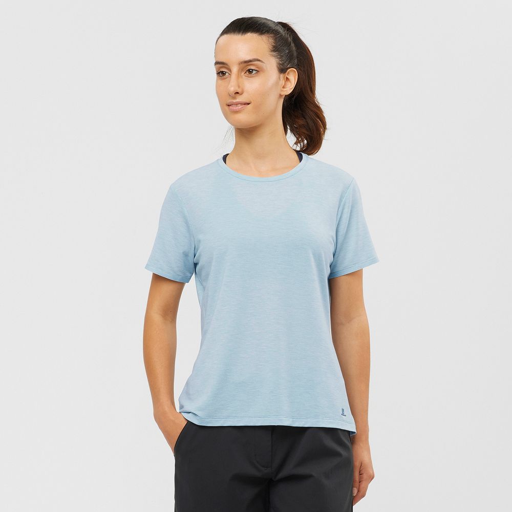 Women\'s Salomon ESSENTIAL TENCEL T Shirts Ashley Blue | CMJSEL-935