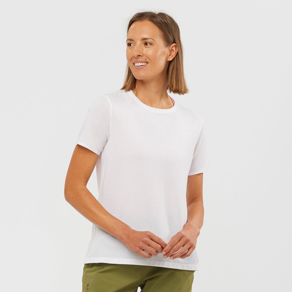Women\'s Salomon ESSENTIAL TENCEL T Shirts White | YTHBFO-407