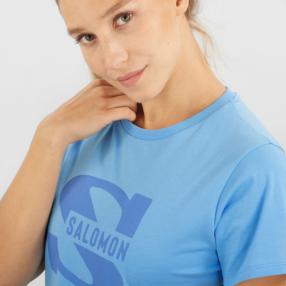 Women's Salomon OUTLIFE BIG LOGO Short Sleeve T Shirts Blue | BISTFA-386