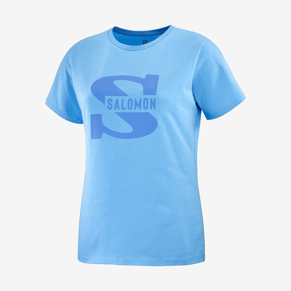 Women's Salomon OUTLIFE BIG LOGO Short Sleeve T Shirts Blue | BISTFA-386