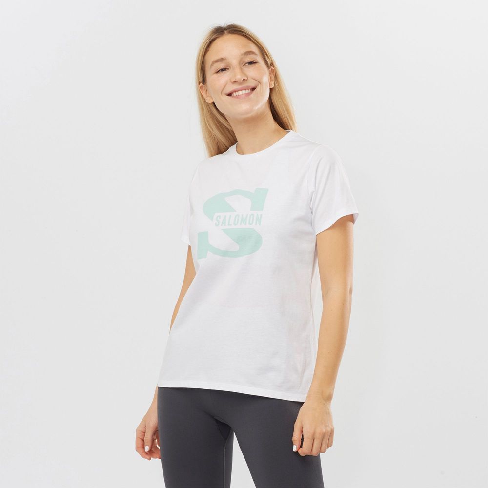 Women's Salomon OUTLIFE BIG LOGO Short Sleeve T Shirts White | DHLNIC-054