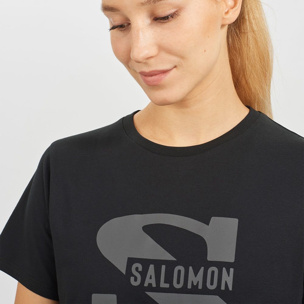 Women's Salomon OUTLIFE BIG LOGO Short Sleeve T Shirts Black | IOXVNK-728