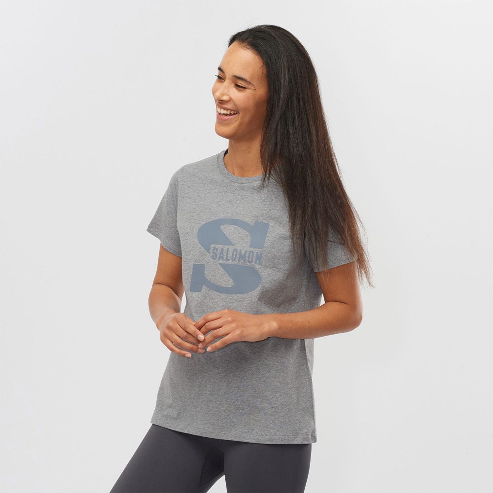 Women's Salomon OUTLIFE BIG LOGO Short Sleeve T Shirts Mid Grey | JLMTYV-053