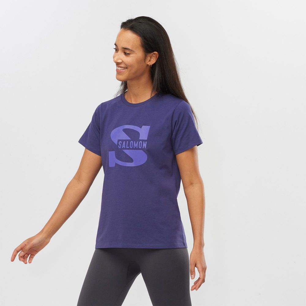 Women's Salomon OUTLIFE BIG LOGO Short Sleeve T Shirts Purple | RMIDCY-180