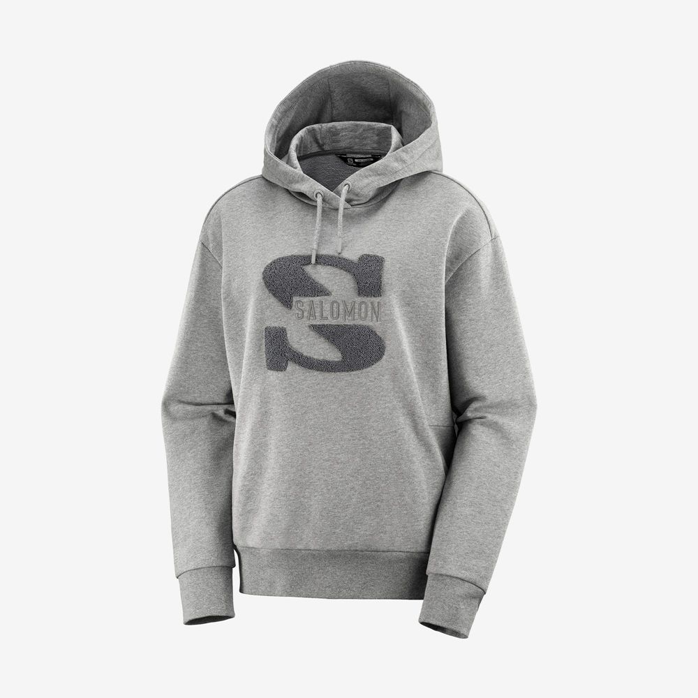 Women's Salomon OUTLIFE LOGO SUMMER Hooded Pullover Mid Grey | BHFQOZ-190