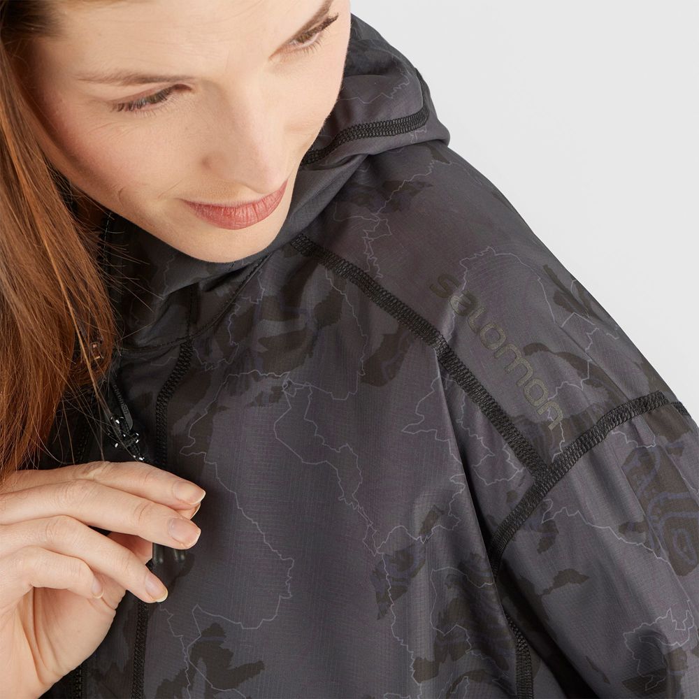 Women's Salomon OUTLIFE LONG PACKABLE Wind Breakers Jackets Black | 4018FCUPN