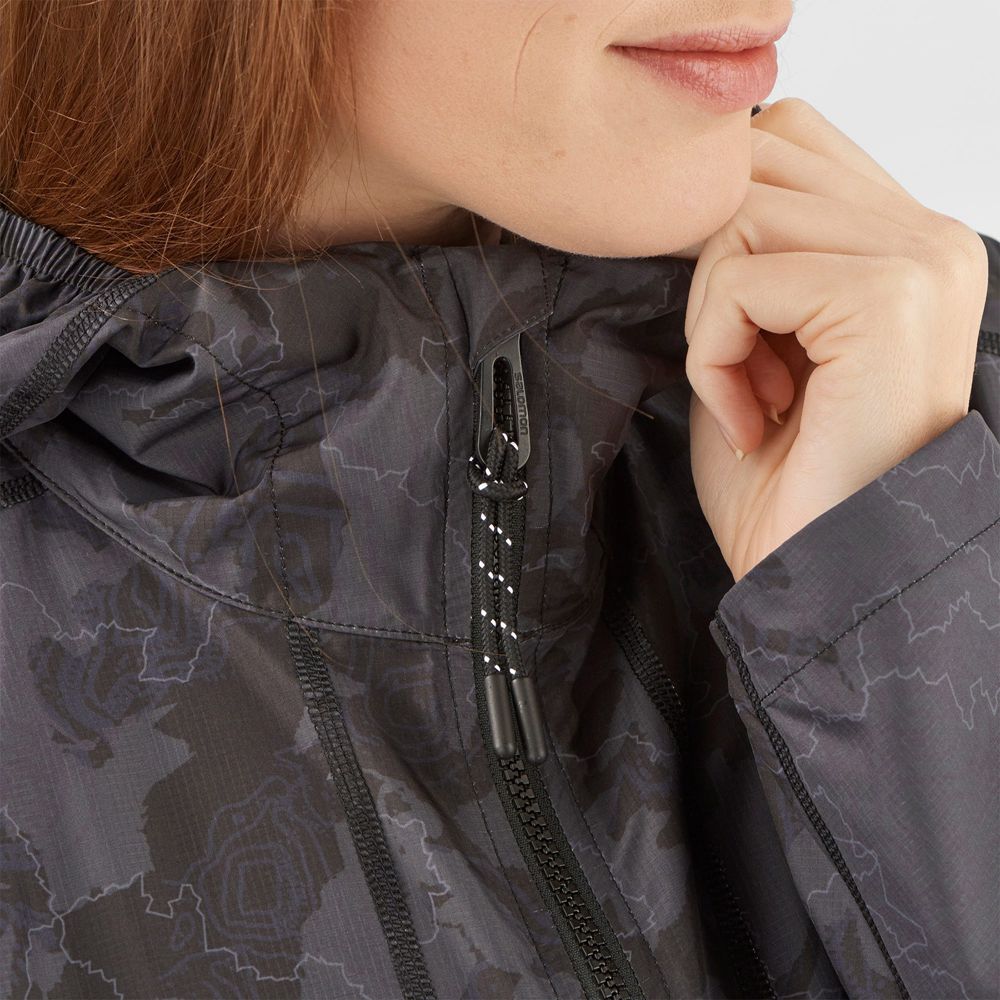 Women's Salomon OUTLIFE LONG PACKABLE Wind Breakers Jackets Black | 4018FCUPN