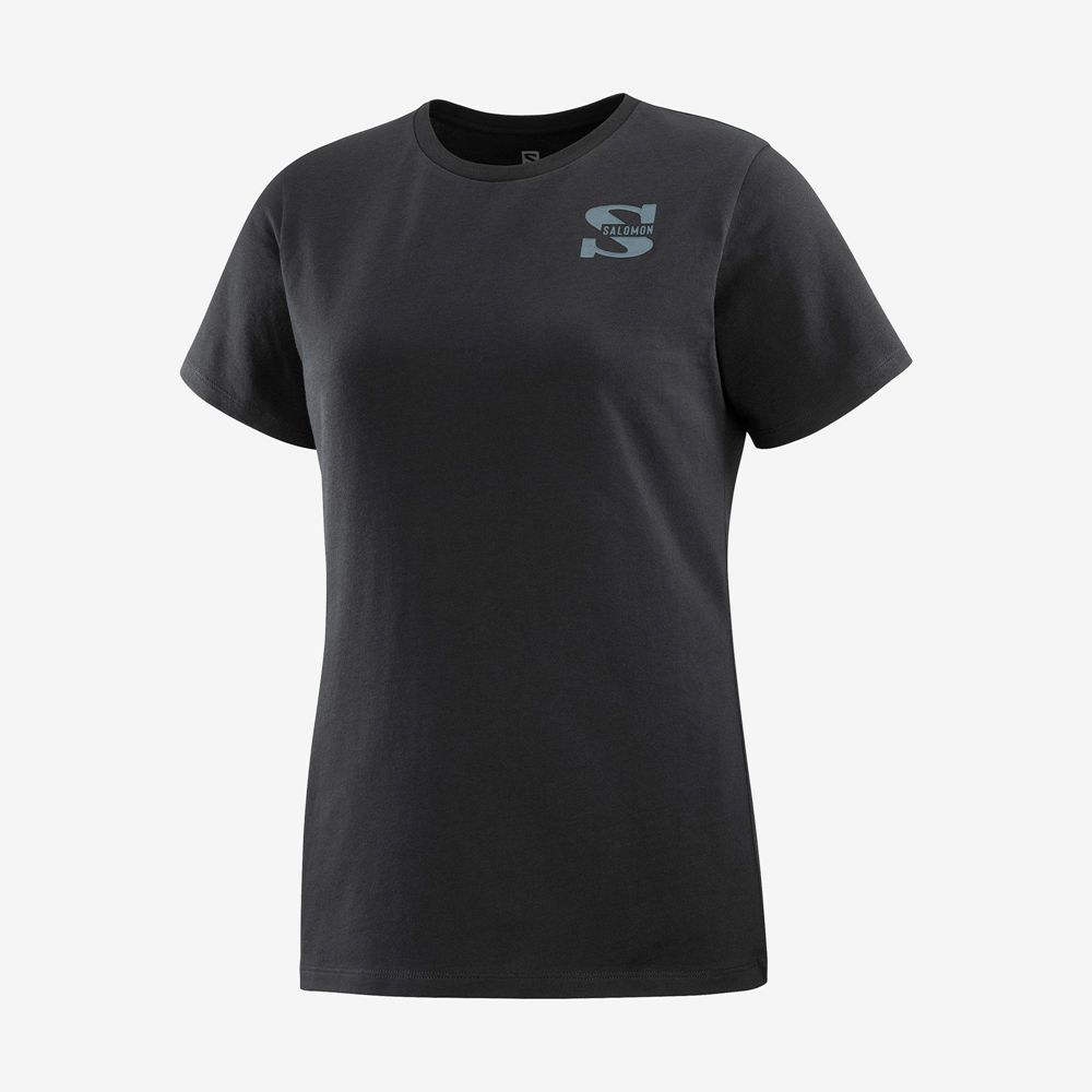 Women's Salomon OUTLIFE SMALL LOGO SS W Short Sleeve T Shirts Black | FCJREW-197