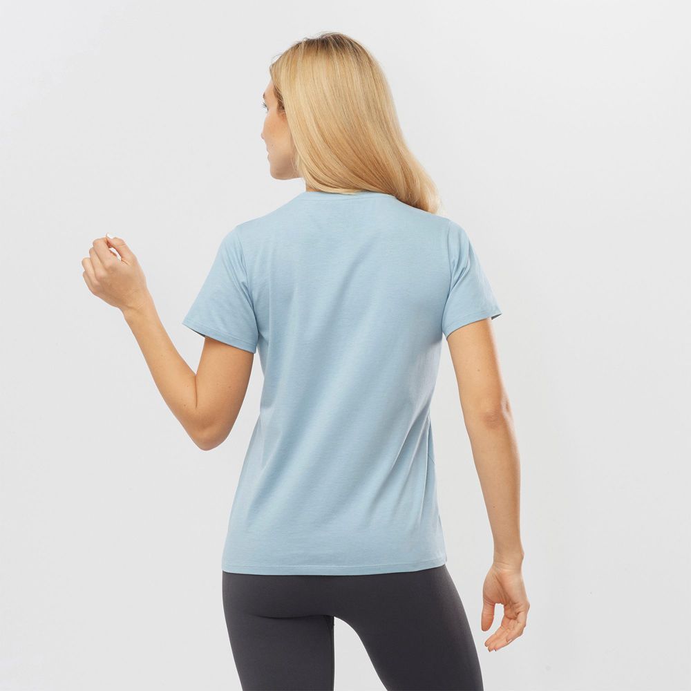 Women's Salomon OUTLIFE SMALL LOGO SS W Short Sleeve T Shirts Ashley Blue | KUXARP-849