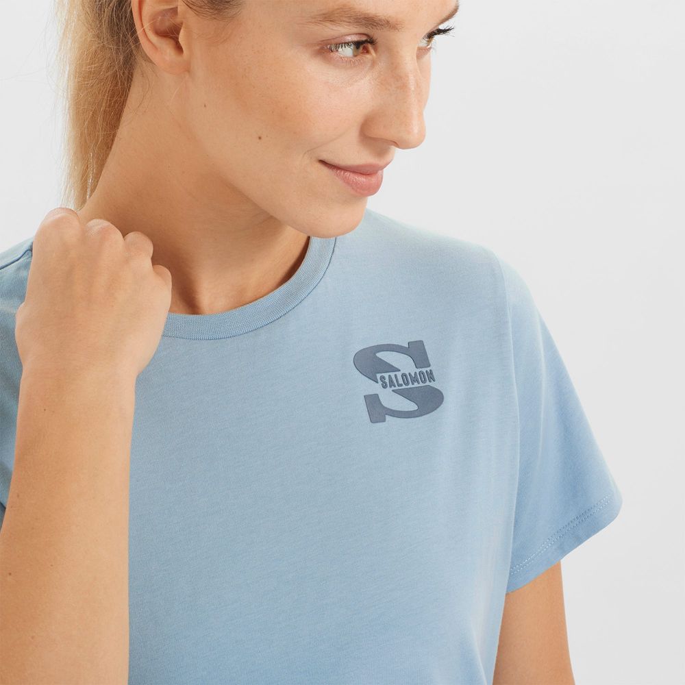 Women's Salomon OUTLIFE SMALL LOGO SS W Short Sleeve T Shirts Ashley Blue | KUXARP-849