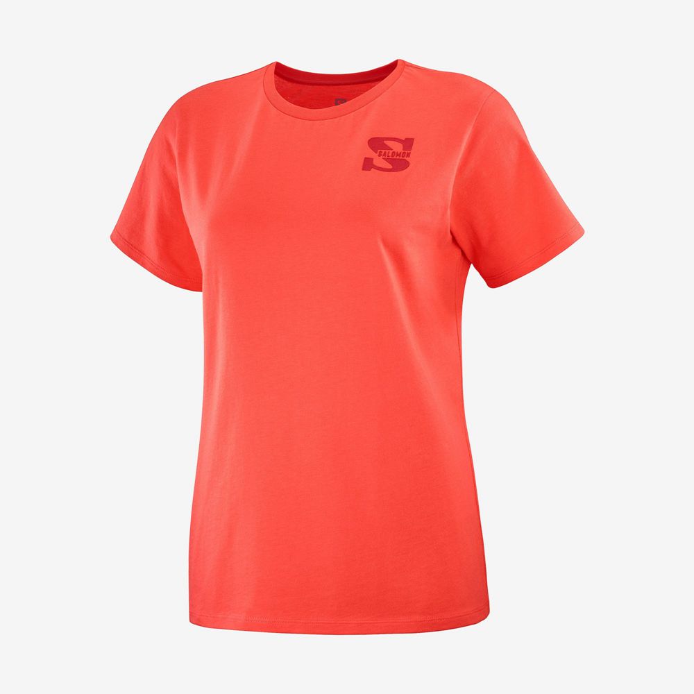 Women's Salomon OUTLIFE SMALL LOGO SS W Short Sleeve T Shirts Coral | PBFWEG-421