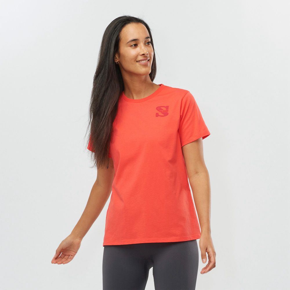 Women\'s Salomon OUTLIFE SMALL LOGO SS W Short Sleeve T Shirts Coral | PBFWEG-421