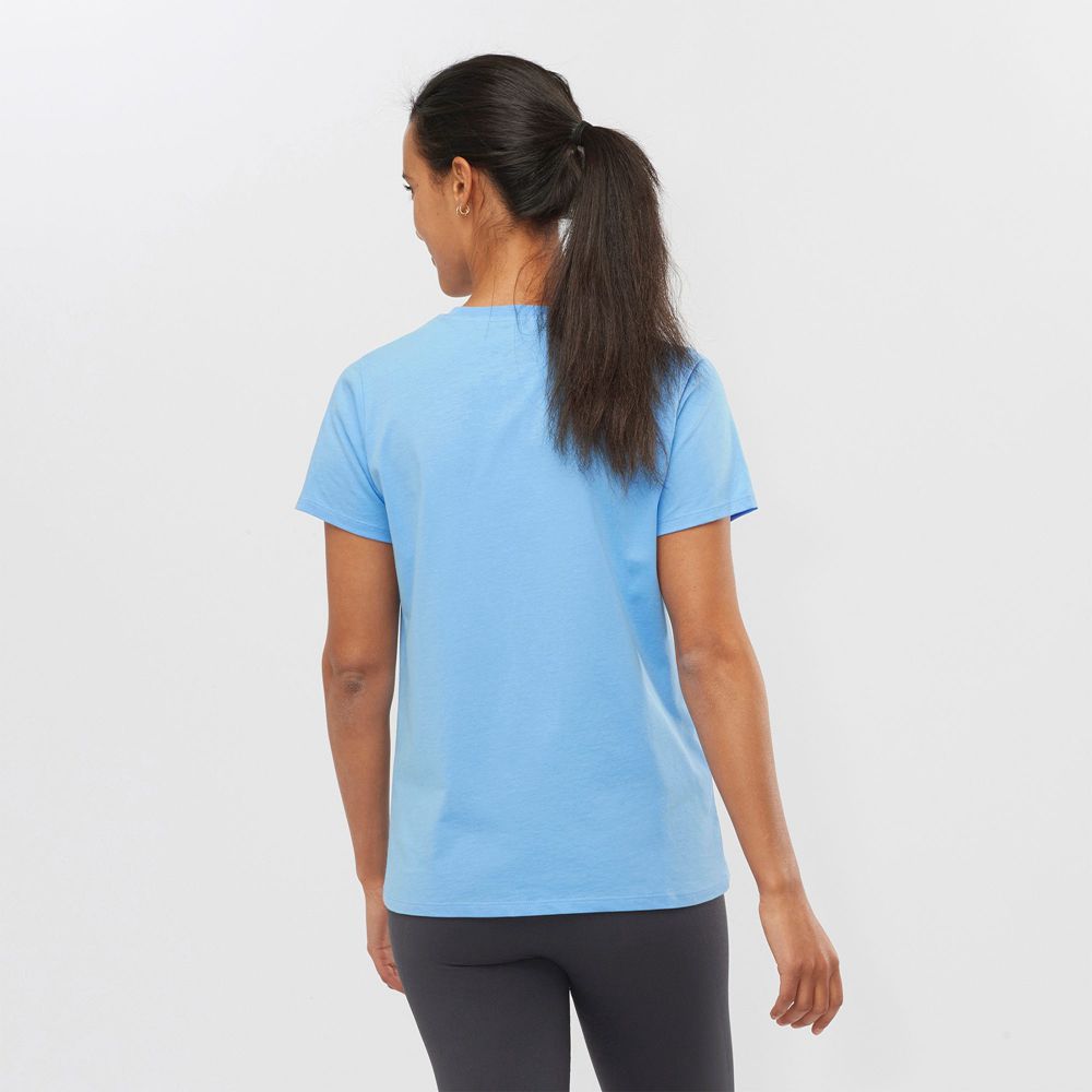 Women's Salomon OUTLIFE SMALL LOGO SS W Short Sleeve T Shirts Light Blue | QFOUIT-518