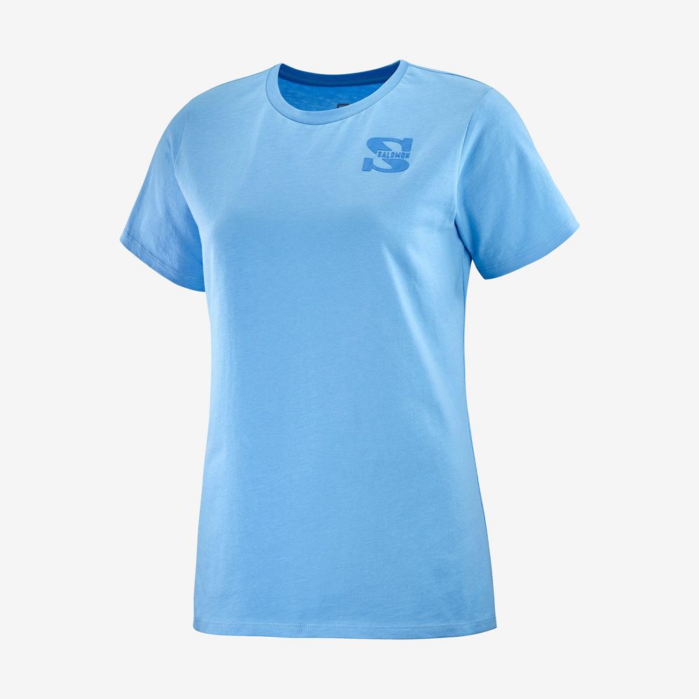 Women's Salomon OUTLIFE SMALL LOGO SS W Short Sleeve T Shirts Light Blue | QFOUIT-518