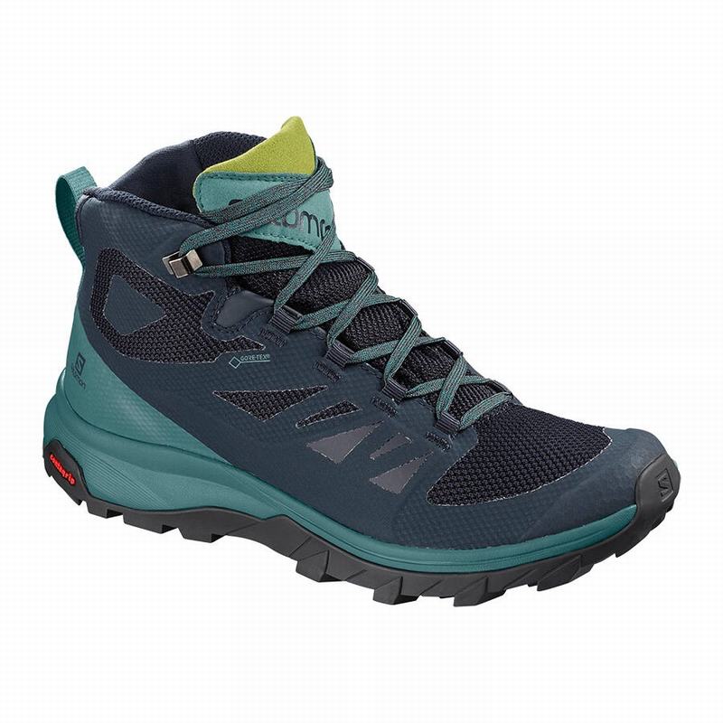 Women\'s Salomon OUTLINE MID GORE-TEX Hiking Boots Navy / Green | NHDBPJ-302