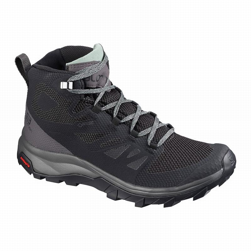 Women\'s Salomon OUTLINE MID GORE-TEX Hiking Boots Black / Green | UYSVQO-749