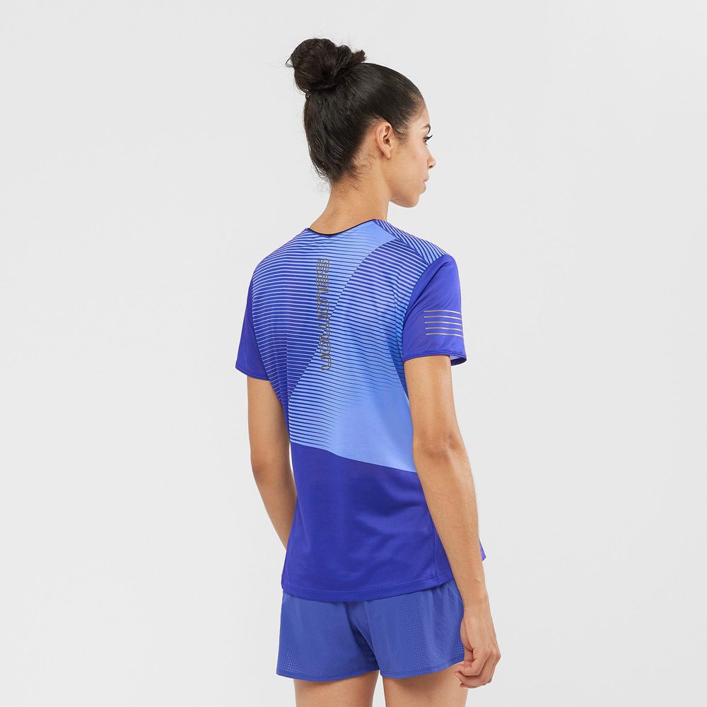 Women's Salomon SENSE Short Sleeve T Shirts Blue | FSRDHN-736