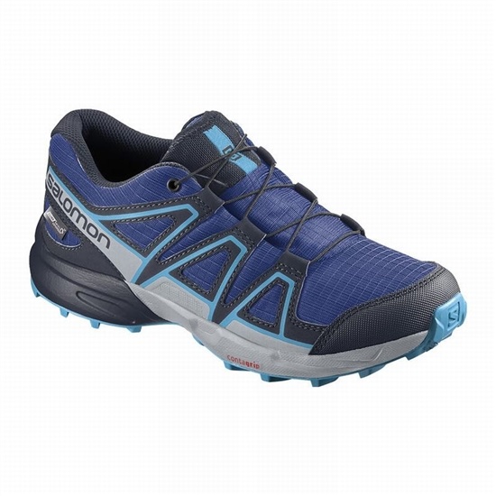 Kids' Salomon SPEEDCROSS CLIMASALOMON WATERPROOF Trail Running Shoes Navy / Blue | OAWQFR-206