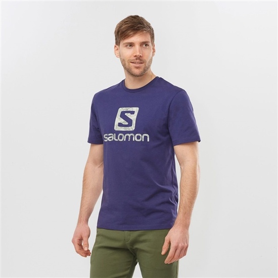 Men's Salomon OUTLIFE LOGO Short Sleeve T Shirts Navy | AHBFRS-391