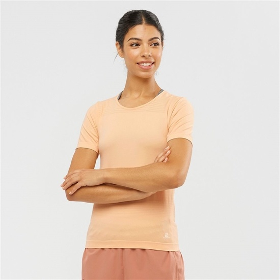 Women's Salomon ESSENTIAL MOVE ON SEAMLESS T Shirts Beige | AXQEYI-478