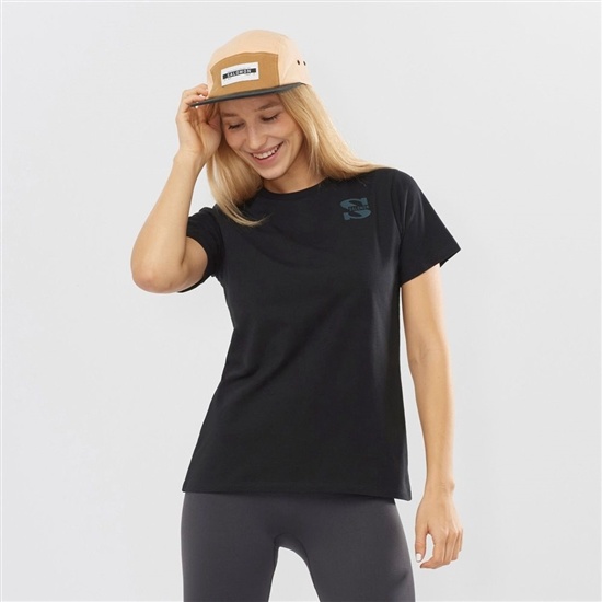 Women's Salomon OUTLIFE SMALL LOGO SS W Short Sleeve T Shirts Black | FCJREW-197