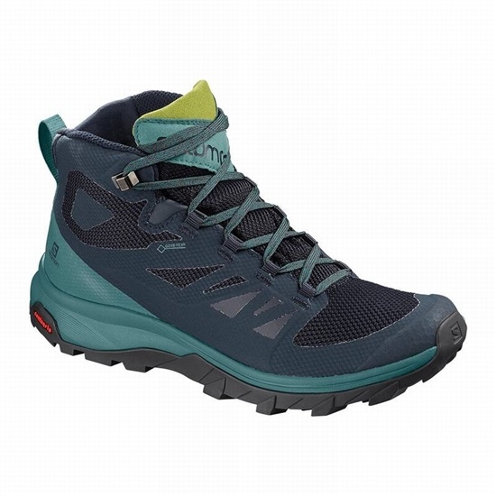 Women's Salomon OUTLINE MID GORE-TEX Hiking Boots Navy / Green | NHDBPJ-302